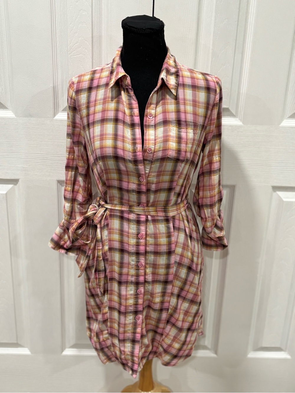 JUICY COUTURE Plaid Button-Front Shirt Dress in Pink and Yellow size 2